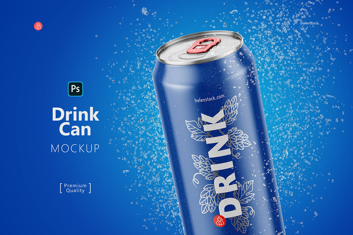 500ml Drink Can with Drops Mockup, a Product Mockup by HelenStock (Photo 1 of 9)