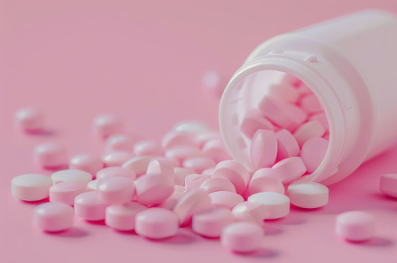 Medicine pills and white plastic bottle on pink background, a Health & Medical Photo by AlyaAnd