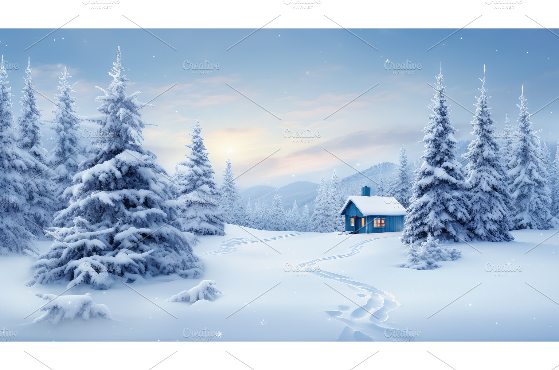snowy holiday card blue ai generated, a Holiday Photo by pikepicture