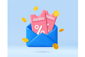 3D discount coupons and coins in, a Finance Illustration by ModVector