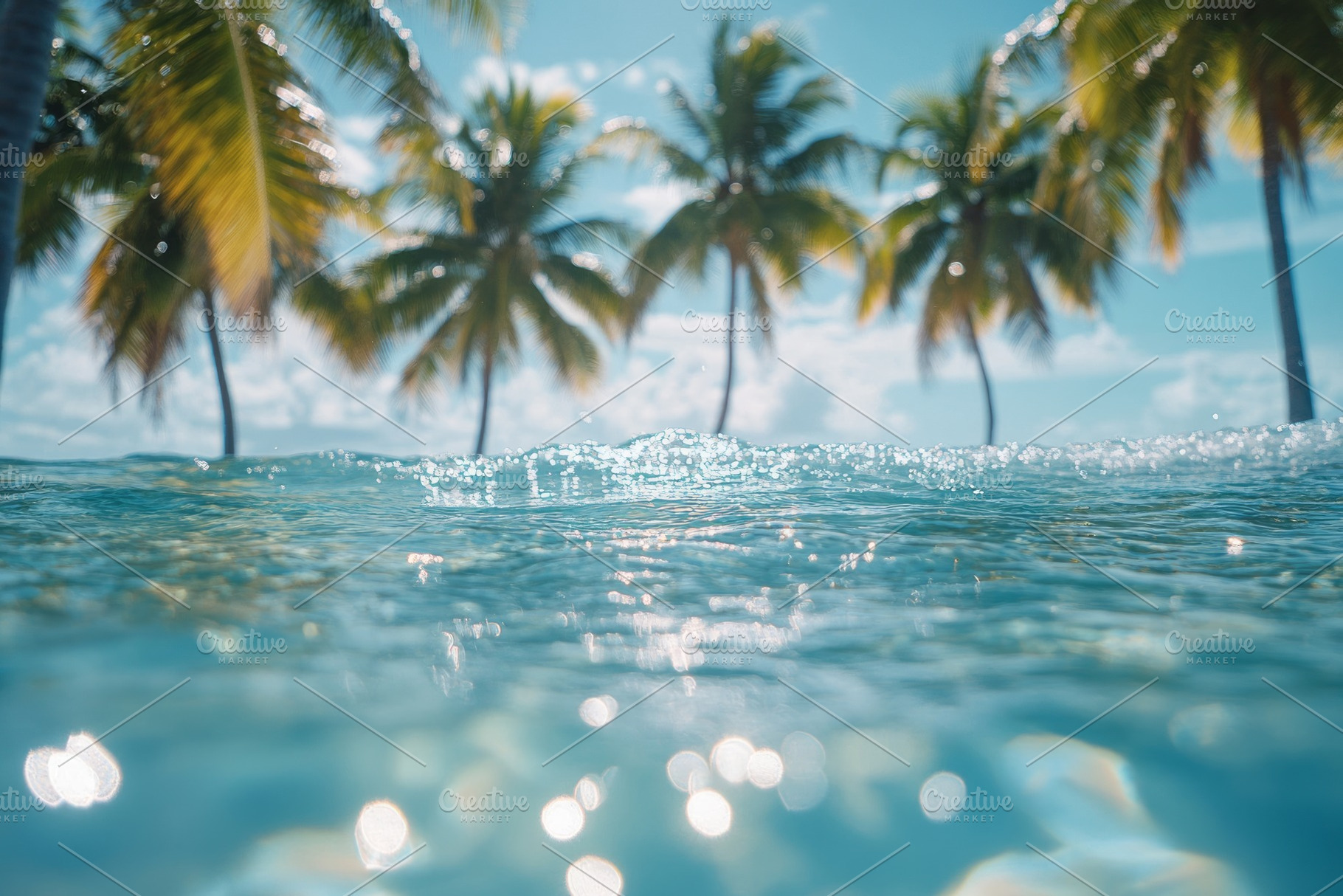 Serene view of turquoise water with palm trees in the background, evoking a pea, a Background Photo by ImageMir