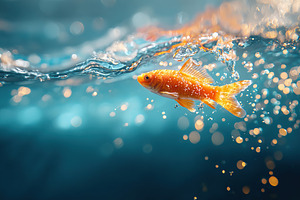 Colorful goldfish swims gracefully in clear water with shimmering light reflect, an Animal Photo by AlyaAnd
