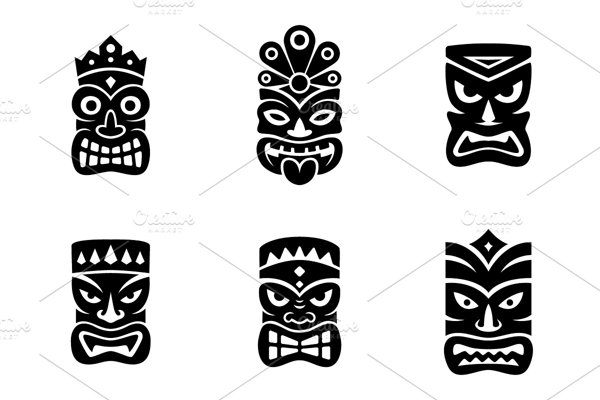Collection of six tiki masks with, an Illustration by GraphiShop