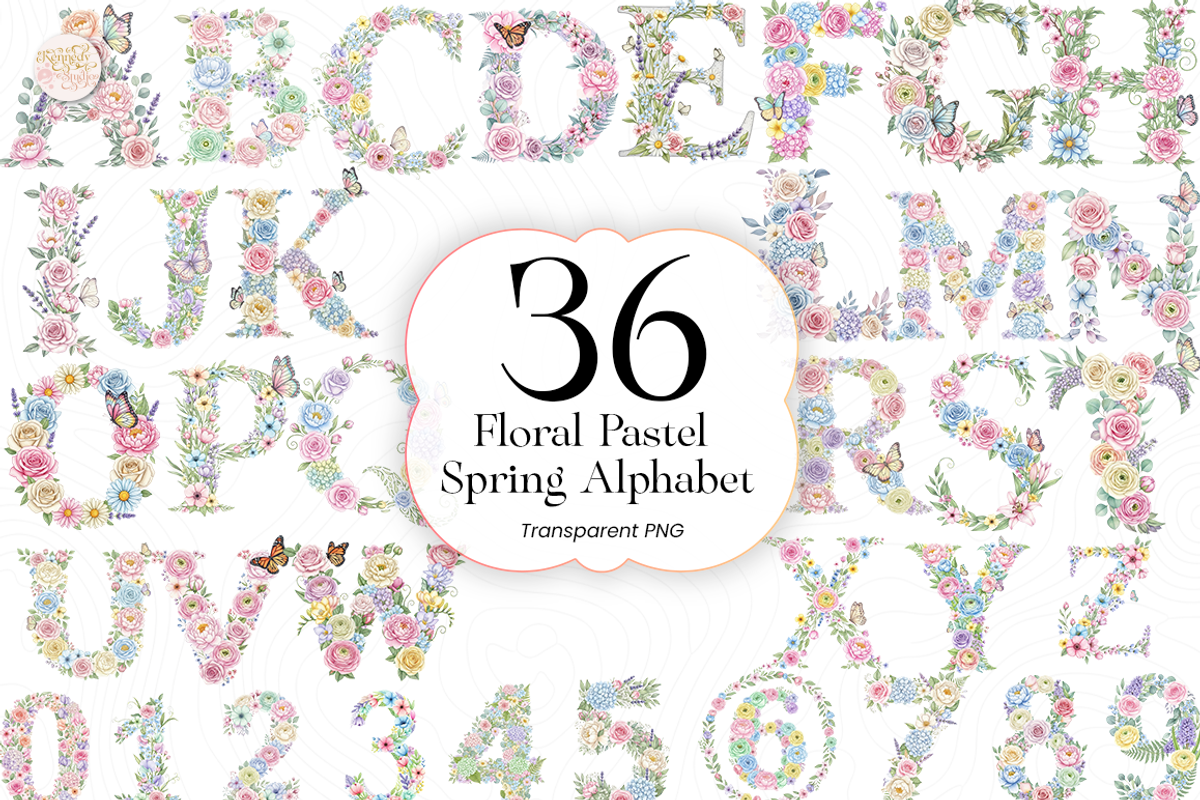 Floral Alphabet PNG, Pastel., an Illustration by KennedyStudio (Photo 1 of 5)