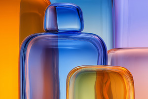 Colorful Glass Bottles in Abstract Modern Composition, an Abstract Photo by Ocean Digital Art