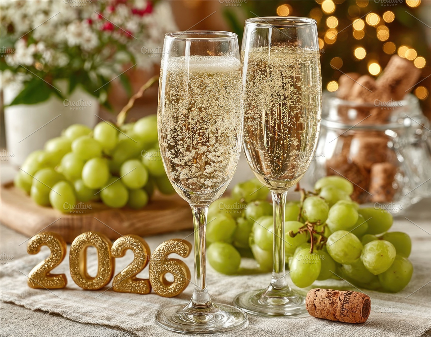 Two champagne glasses with bubbles, green grapes, corks, and gol, a Holiday Photo by José Manuel Gelpi