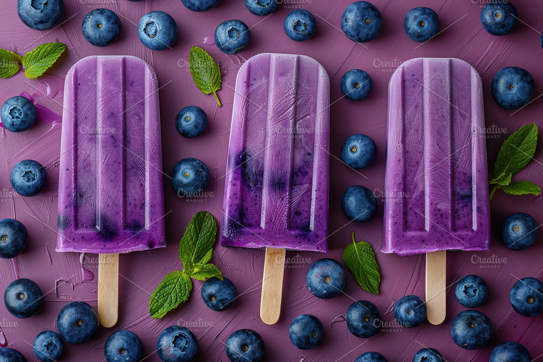 Ice cream popsicles with organic blueberries on pink background, a Food & Drink Photo by AlyaAnd