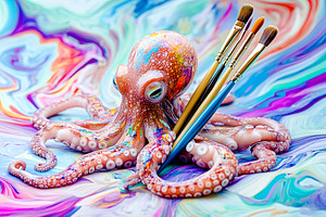 Artistic Octopus with Paint Brushes, an Animal Photo by Ales Munt