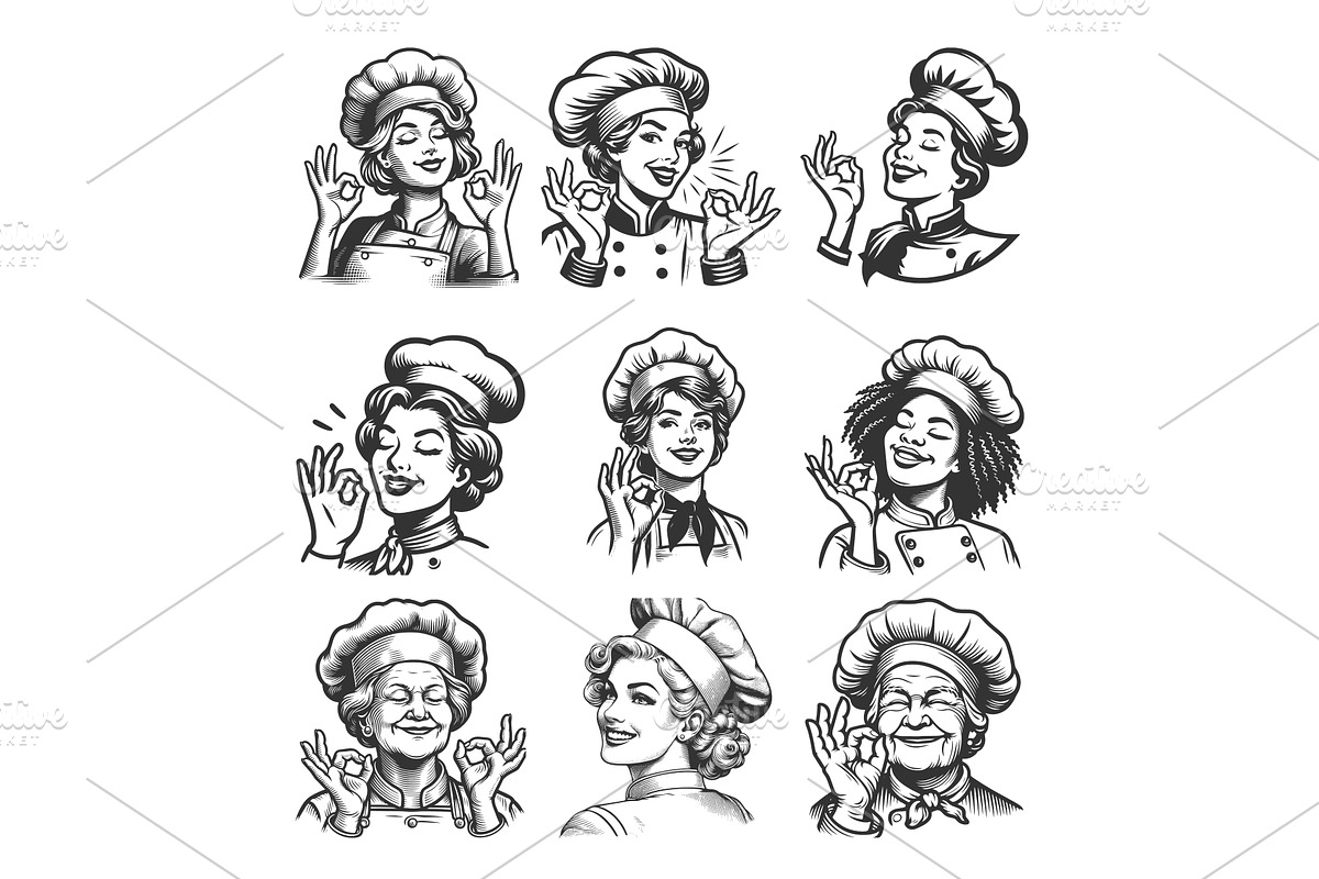 Female Chefs Making OK Gesture set, a Food Illustration by AlexArt