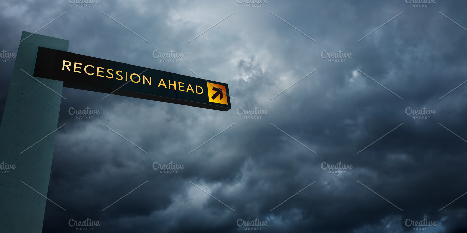Road sign showing recession ahead against stormy sky. Concept of, a Photo by salmon.black