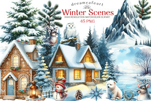 Snowflakes and Winter Scenes Clipart, an Illustration by DreamCafeArt