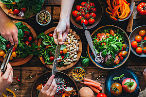 Directly above shot of various food, a Photo by LOGOCREATIVE