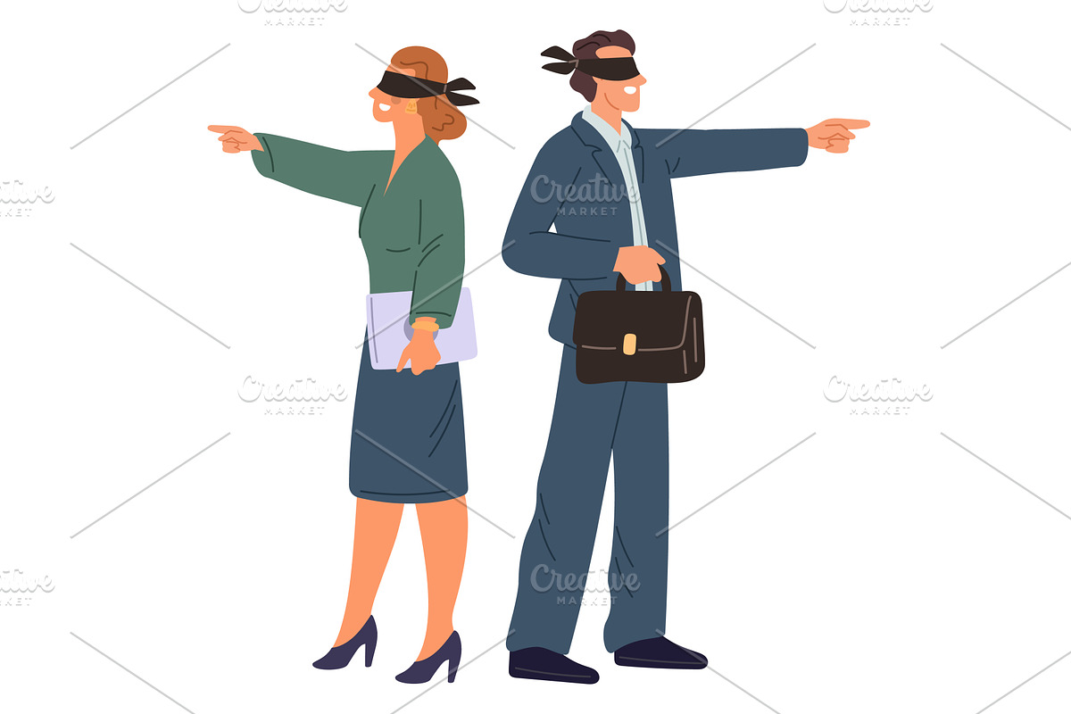 Blindfolded businesspeople point in, a Person Illustration by Vectorbuum