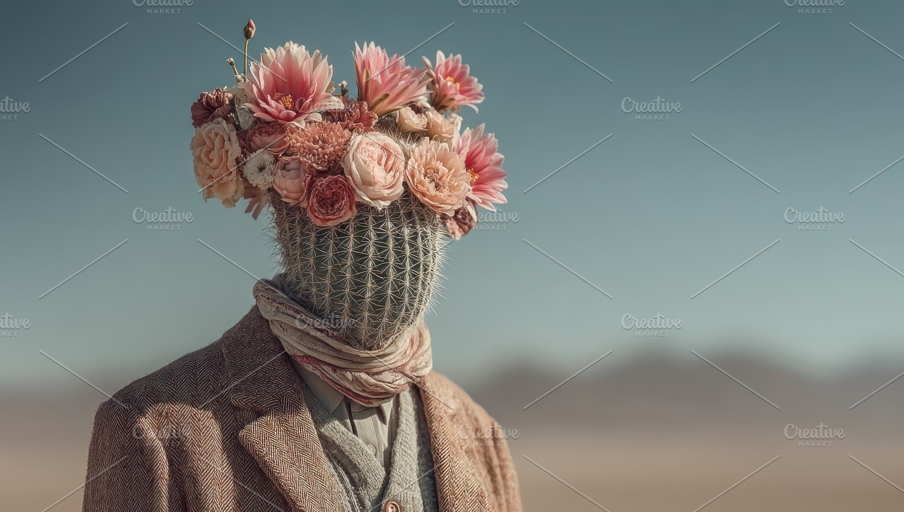 Surreal portrait of cactus headed figure with blooming pink flow, a Holiday Photo by José Manuel Gelpi
