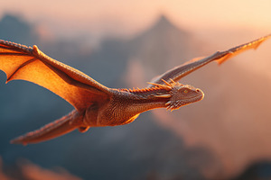 Majestic dragon flying at sunset over mountains, an Animal Photo by AlyaAnd