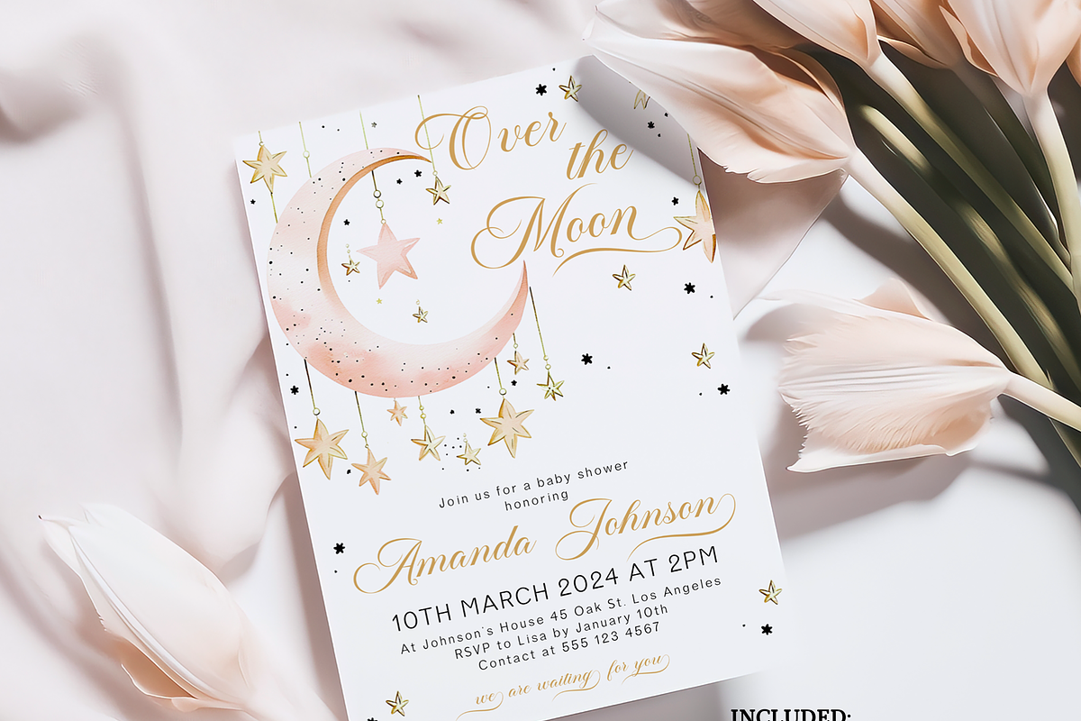 Pink Over the Moon Baby Invite, an Invitation Template by Digital_Mind (Photo 2 of 8)