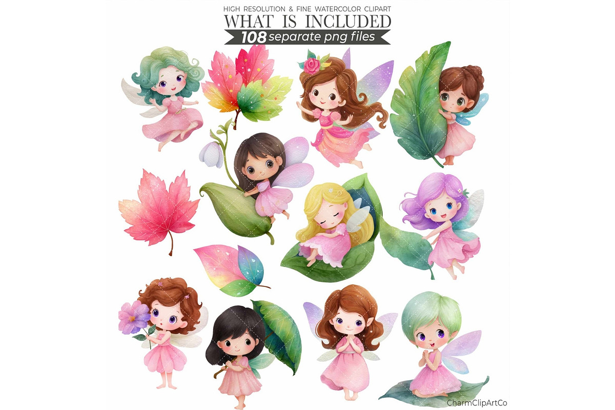 Watercolor Pink Fairy Clipart Bundle, an Illustration by CharmClipart (Photo 6 of 9)