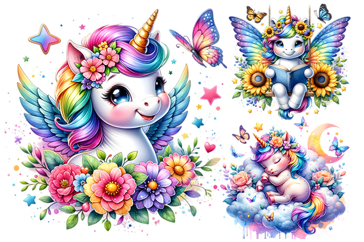 Watercolor Cute Unicorn Clipart PNG, an Animal Illustration by Creative Arslan (Photo 4 of 9)