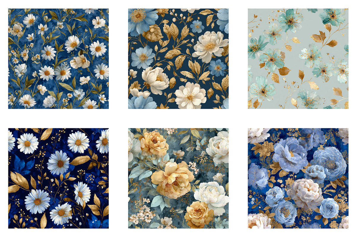 Blue and Gold Floral Pattern, a Pattern Graphic by CreationArt (Photo 3 of 5)