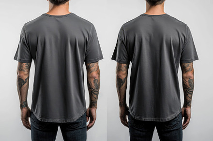 A model is wearing a grey casual t-s, a Photo by Tanuart