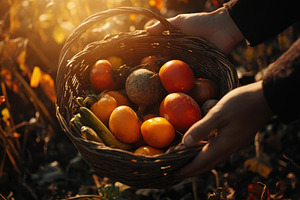 Hands holding a woven basket filled, a Photo by Tanuart