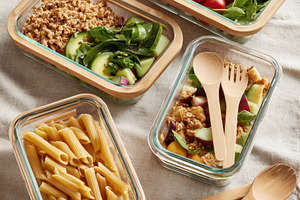 Healthy meal prep in glass containers, a Food & Drink Photo by AlyaAnd