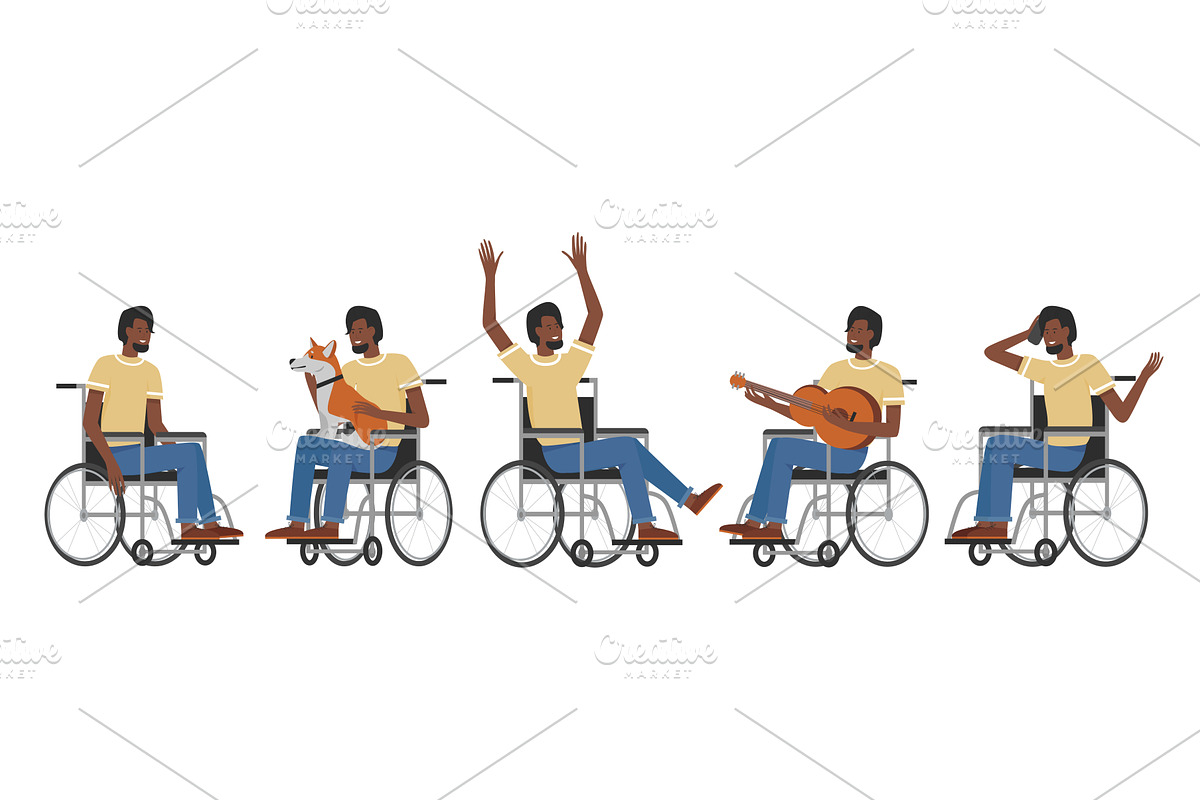 Afro Disabled Man in Wheelchair, an Animal Illustration by Flashvector