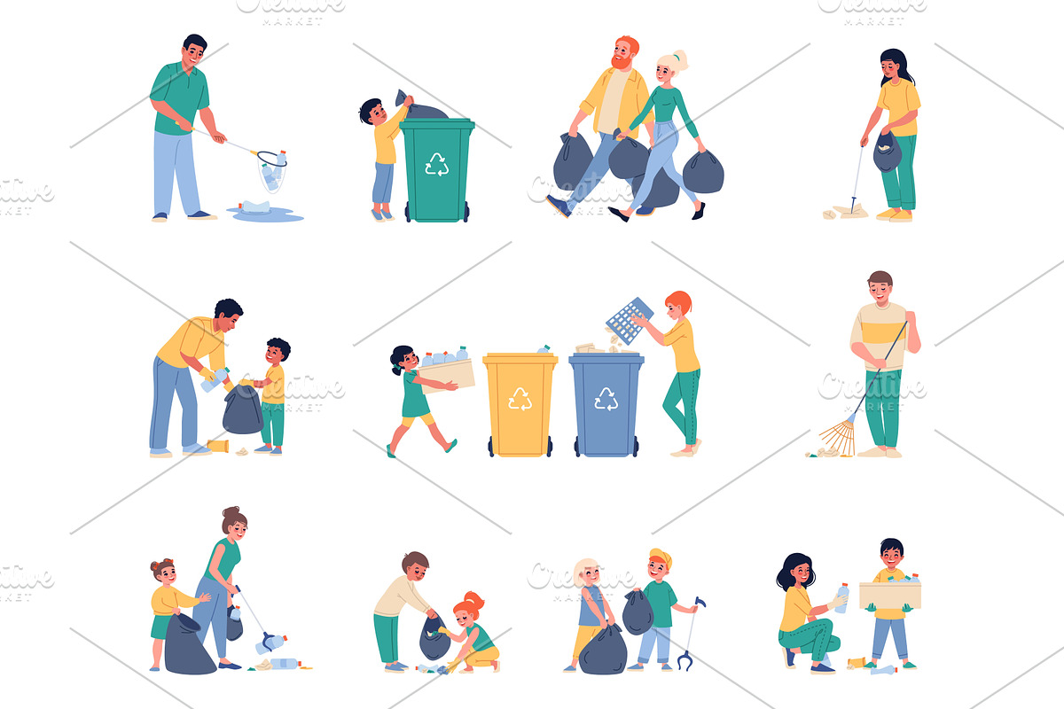 Parents and children sort garbage, a Person Illustration by YummyBuum