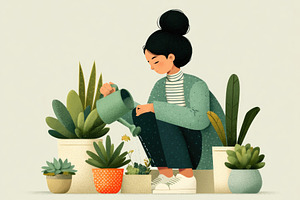 Woman caring for houseplants in peaceful indoor garden illustrat, a Business Photo by José Manuel Gelpi