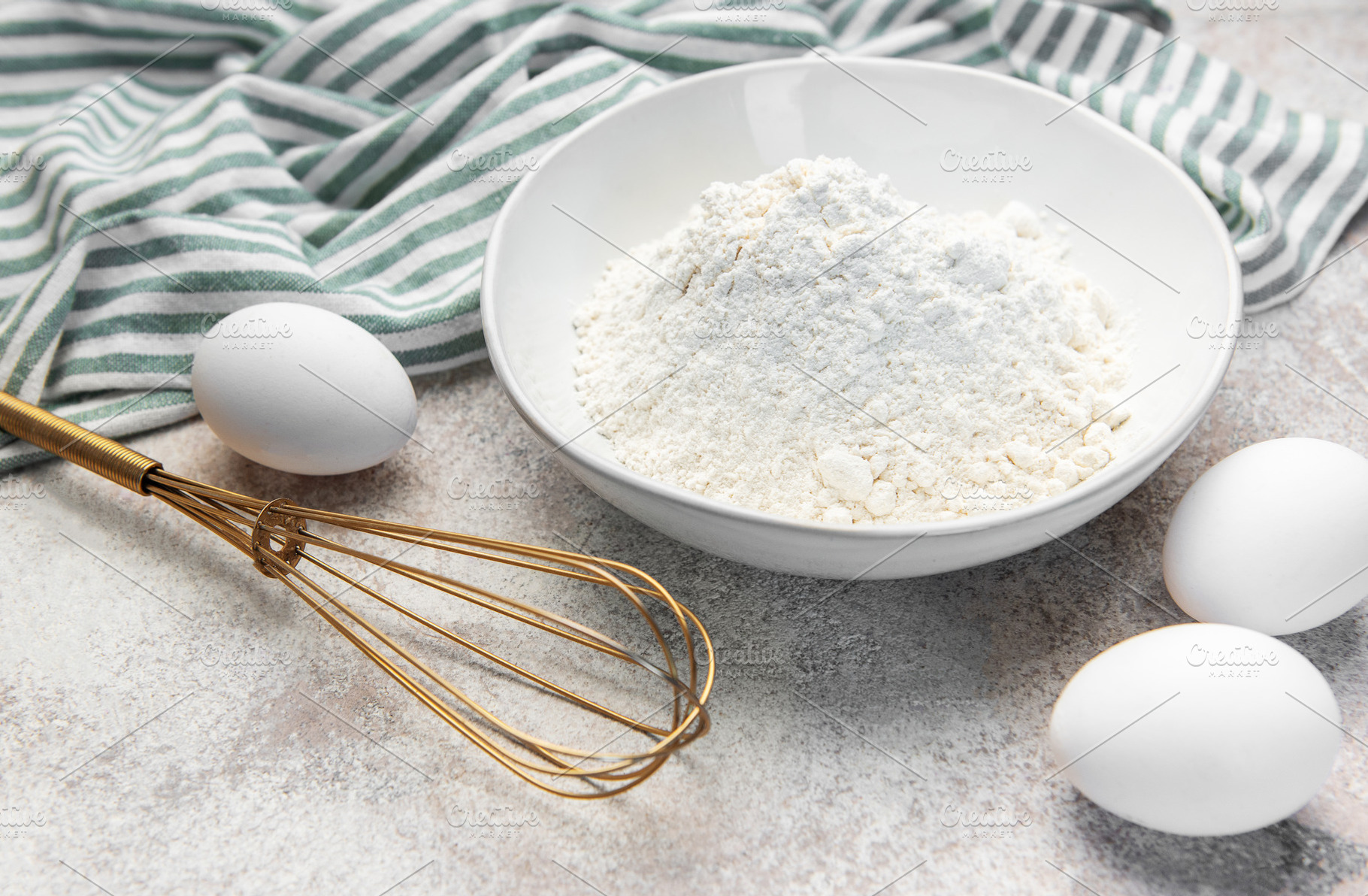 Baking ingredients on counter preparing dough, a Food & Drink Photo by Olena Rudo