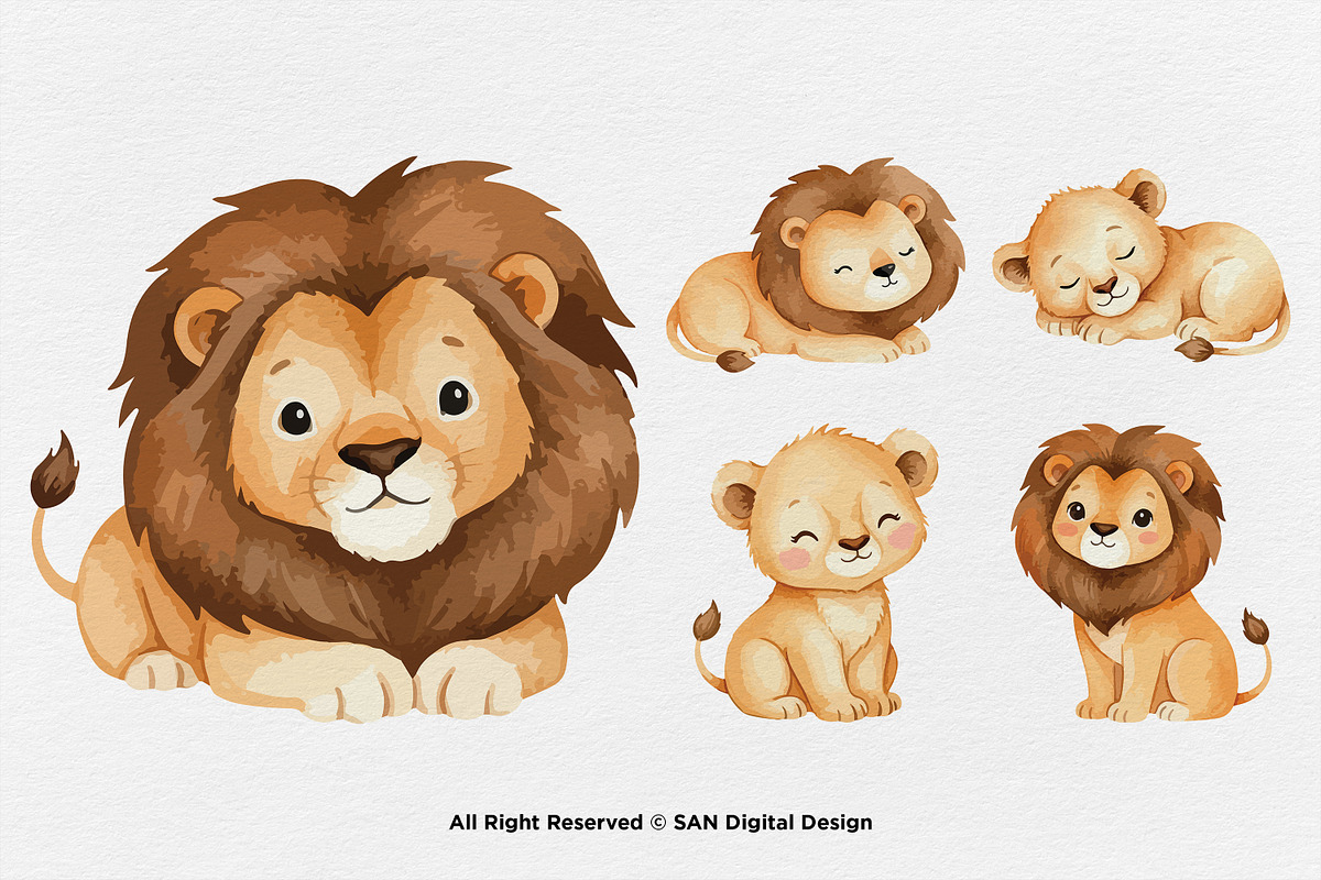 15 Bundle Watercolor Cute Lion Fam, an Animal Illustration by Morspective (Photo 7 of 8)