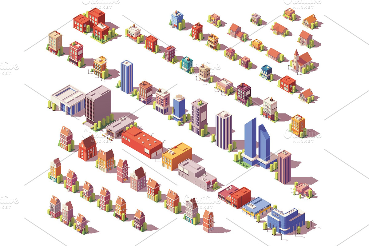 Vector low poly isometric buildings set, a Work Illustration by tele52