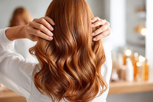 Woman with wavy red hair in a bright bathroom, a Beauty & Fashion Photo by AlyaAnd