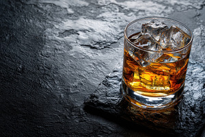 A glass containing whiskey and ice, a Photo by Pavel_design