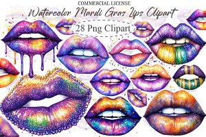 Watercolor Mardi Gras Lips Clipart, an Illustration by designcity5