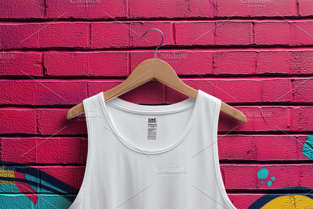 A plain white tank top mockup hanging on a wooden hanger against a vibrant, col, a Shirt Mockup by Textures & Backgrounds
