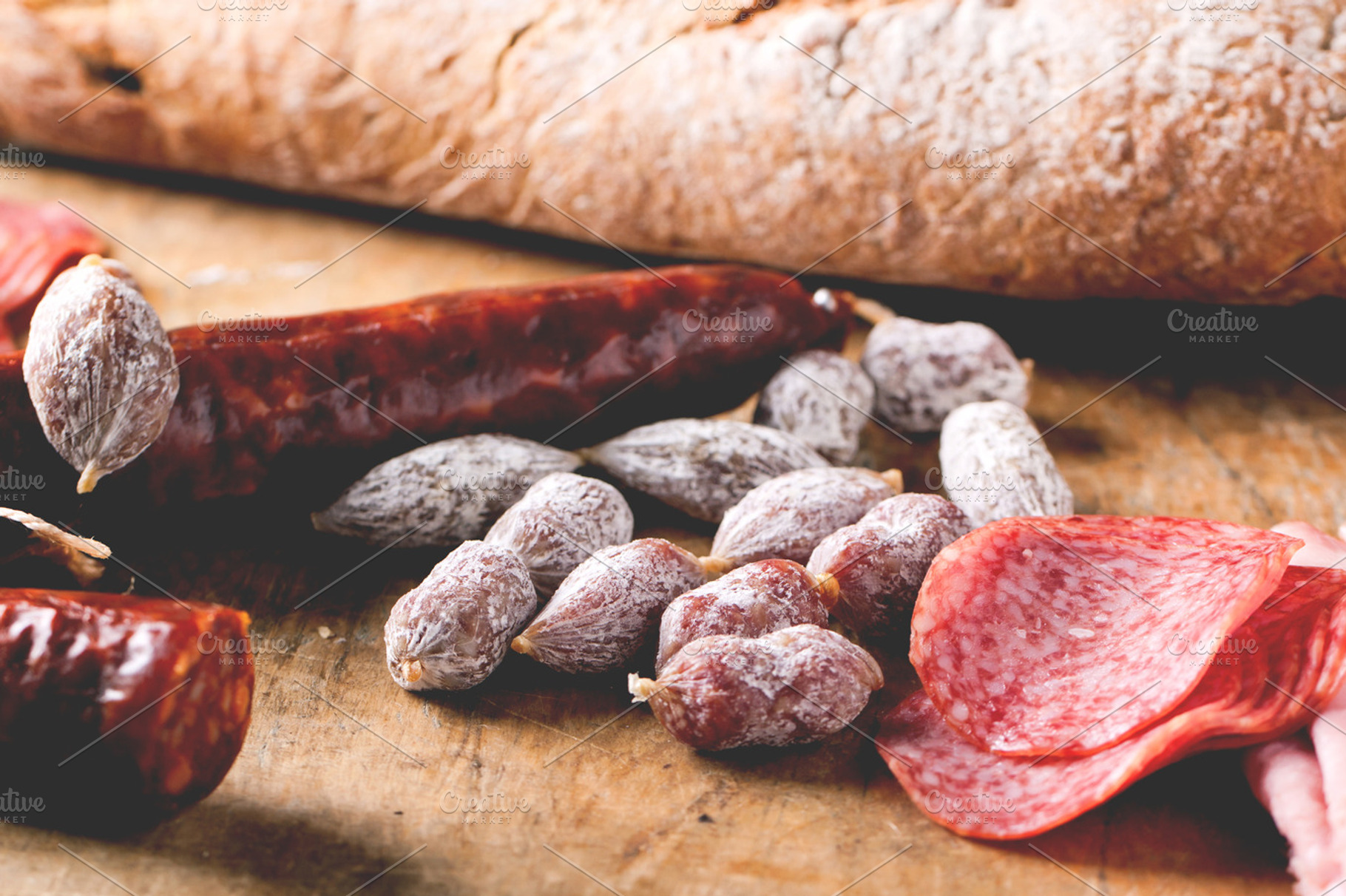 Sausage and bread containing salami, ham, and food