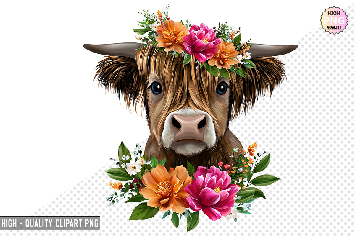 Floral Highland Cow Clipart Bundle, a Graphic by crative8112 (Photo 2 of 8)