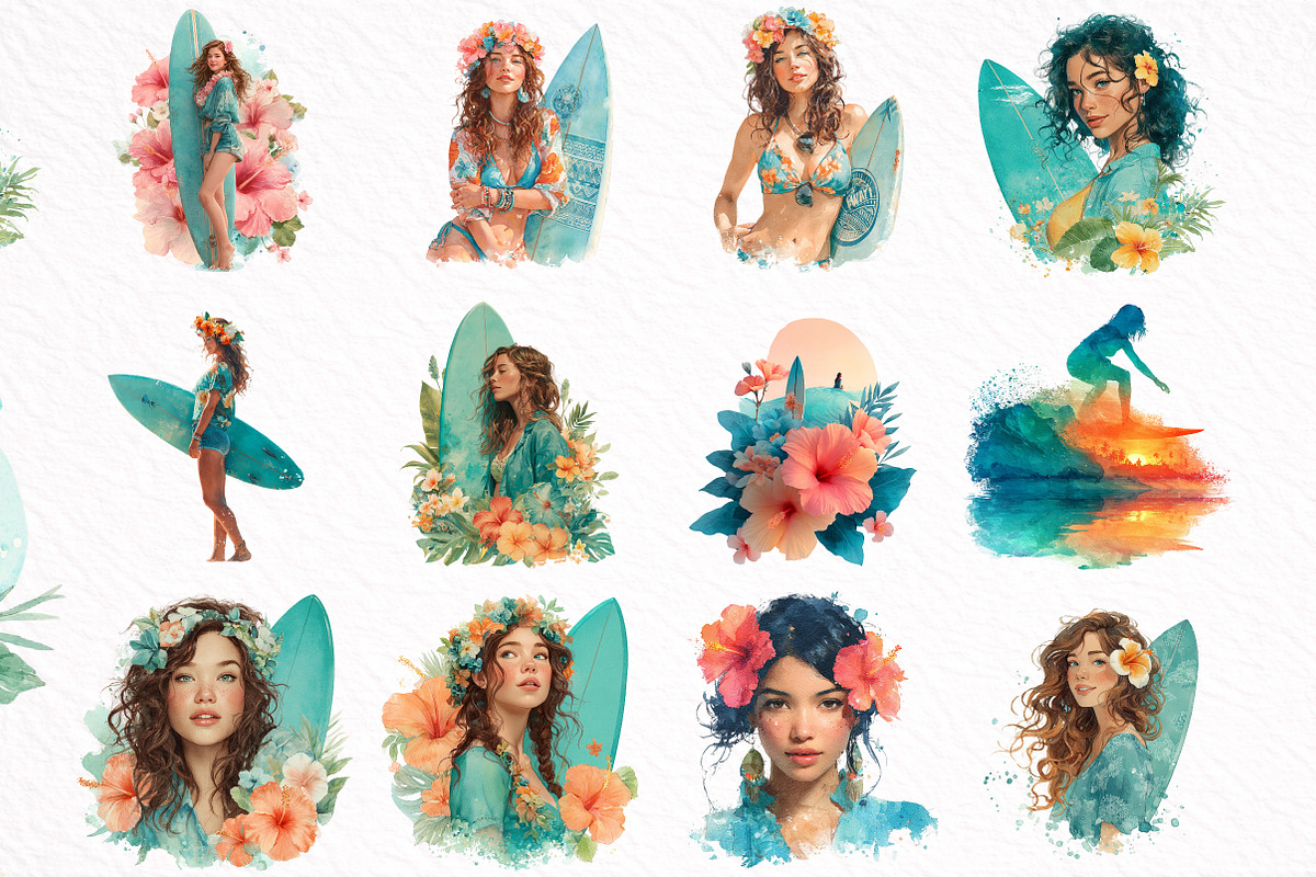 Aloha Surfing Girl Clipart, an Illustration by DreamArtGraphic (Photo 2 of 8)