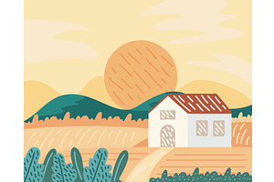 rural landscape farm, an Illustration by studiogstock