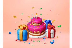 3d cake with candle and gift boxes, an Object Illustration by Abscent