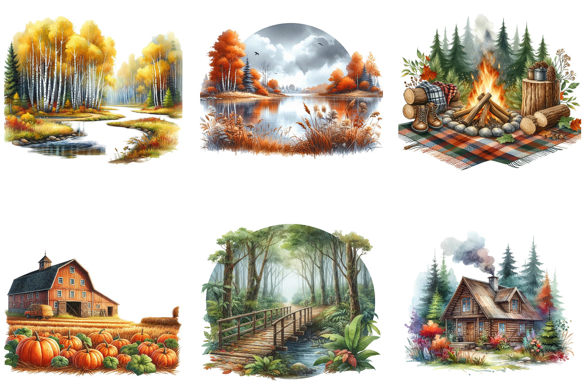 Watercolor Autumn Landscapes Clipart, a Seasonal Illustration by DreamArtGraphic (Photo 3 of 3)