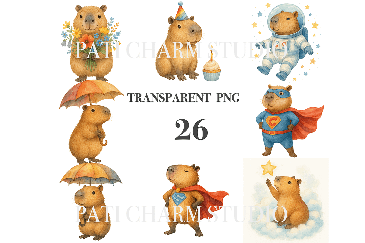 26 Capybara Clipart PNG, an Animal Illustration by Pati Charm Studio (Photo 3 of 8)