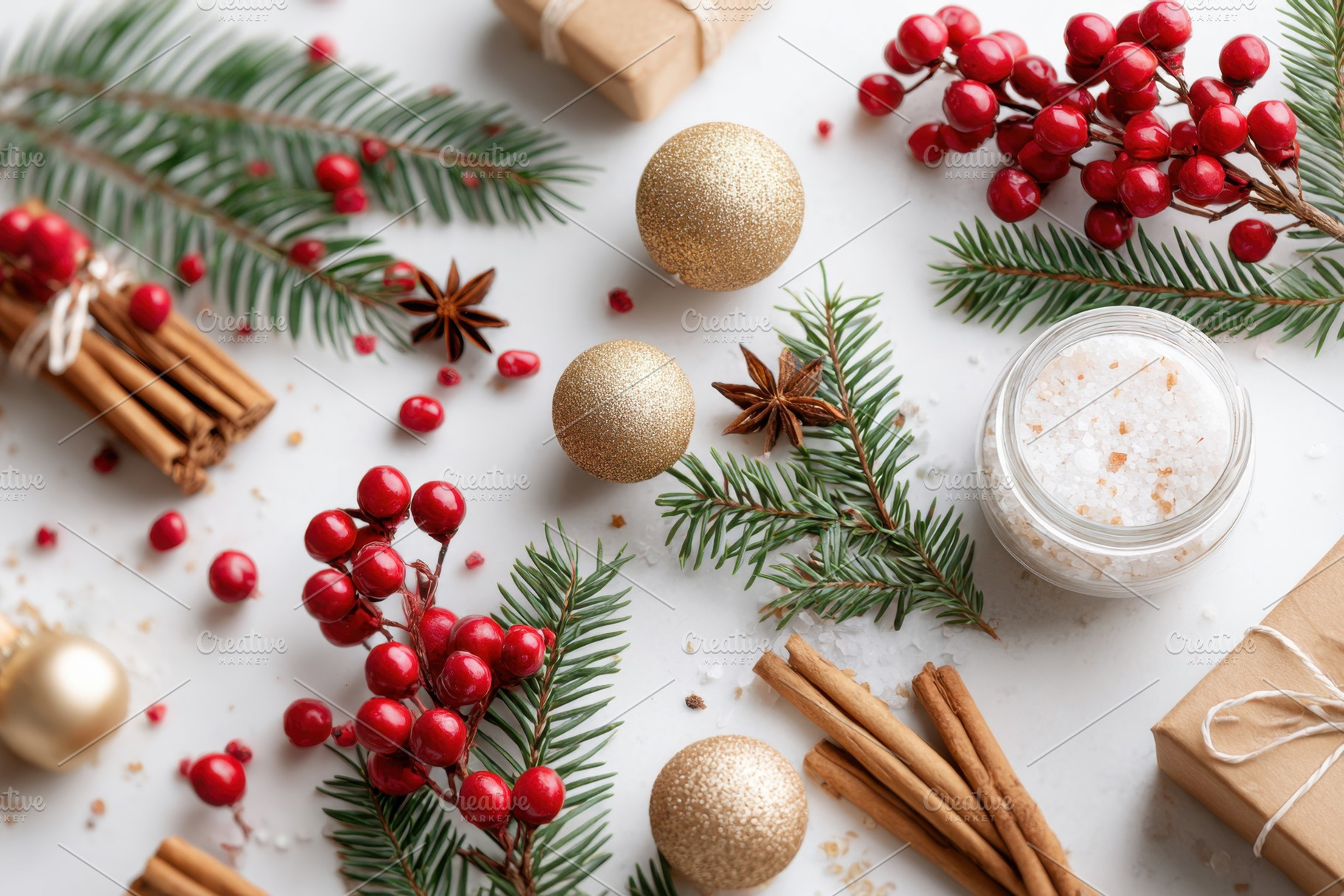 Festive holiday gifts with decorations on snow, a Holiday Photo by AlyaAnd
