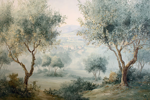 Mediterranean olive grove Wallpaper, a Decorative Illustration by Virgo Studio