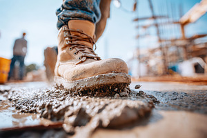 Close-up of work boot on wet concrete at construction site, an Industrial Photo by AlyaAnd