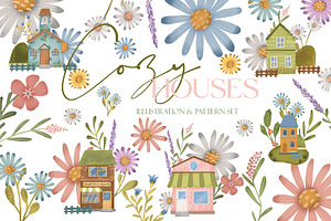 Cozy houses clipart and pattern set