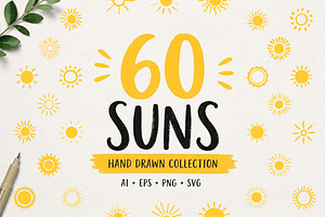 60 Hand Drawn Sun Illustrations, a Seasonal Illustration by PixMarket