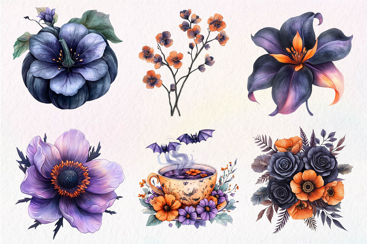 Watercolor Halloween Flowers Clipart, an Illustration by Dream Creation (Photo 3 of 7)
