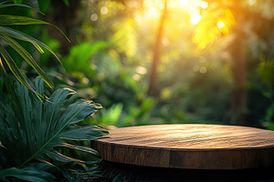 Natural tabletop podium for product display surrounded by lush g, a Background Photo by AlyaAnd